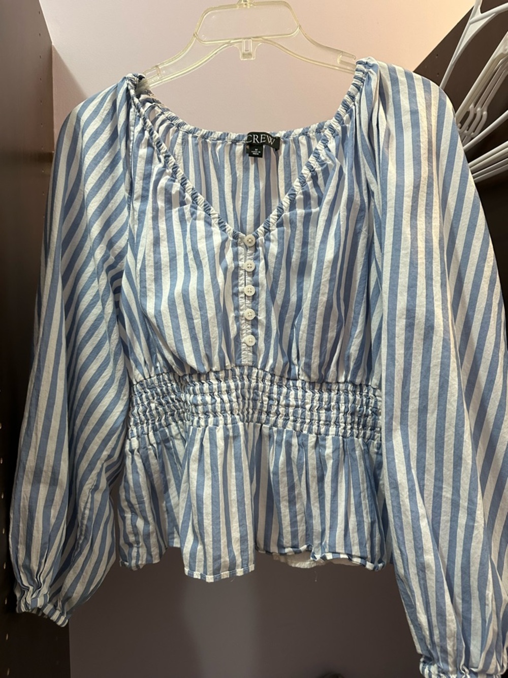 J. Crew Light Blue & White Striped Peplum Button-Front Blouse